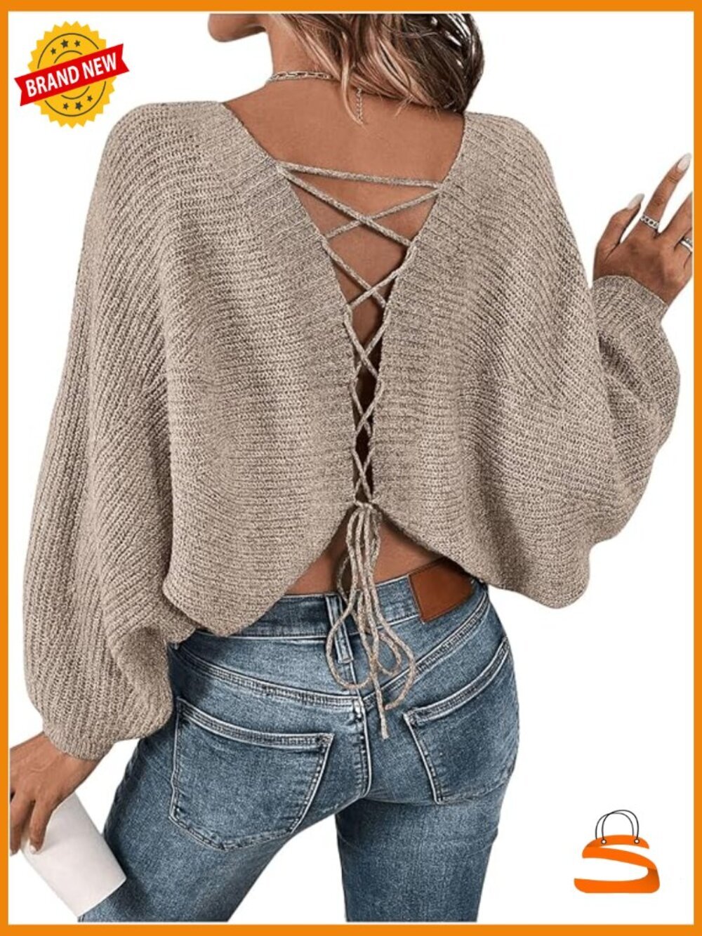 Off Shoulder Lace Up Open Back Sweater Long Sleeve Loose Knit Pullover Top